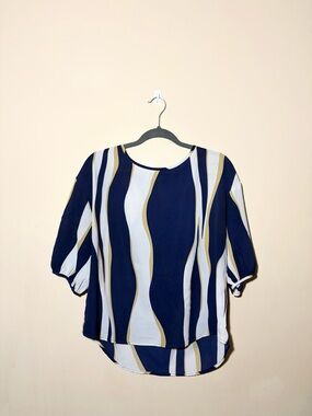 Emory Rose Size L Women's Navy Wave-Stripe Blouse with Puff Sleeves